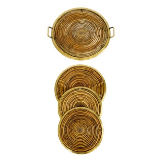 Rattan and Brass Table Service Set, Italy, 1970, Set of 4 For Sale