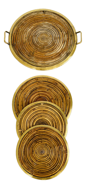 Rattan and Brass Table Service Set, Italy, 1970, Set of 4