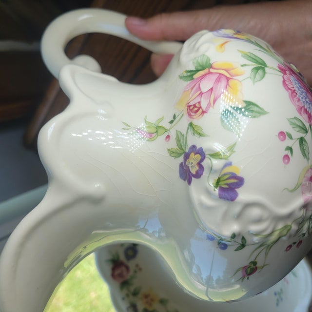 VTG 1930s British Ceramic Pitcher & Wash Basin Bowl Set Floral Rose Art Deco Era For Sale - Image 9 of 12