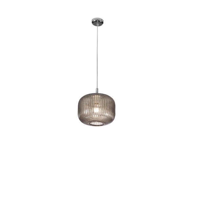 Modern Italian pendant with a smoky ribbed glass shade casting subtle tones of radiant flashes of light, suspended from...