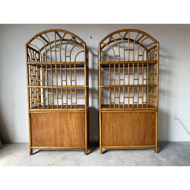 1970's Vintage Palm Beach Regency Arched Rattan Étagères With Cabinets – A Pair For Sale - Image 16 of 16