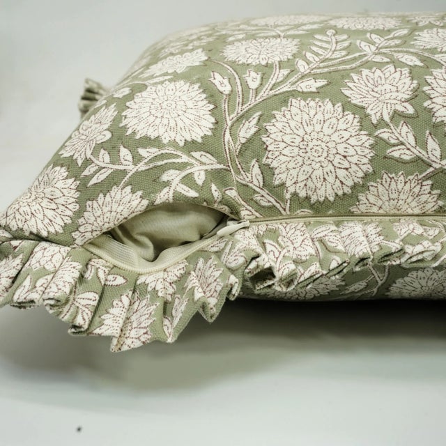 Fabdivine Indian Block Print Frill Cushion Cover Green 16x16 Inch Thick Cotton White- Rajat For Sale - Image 4 of 5