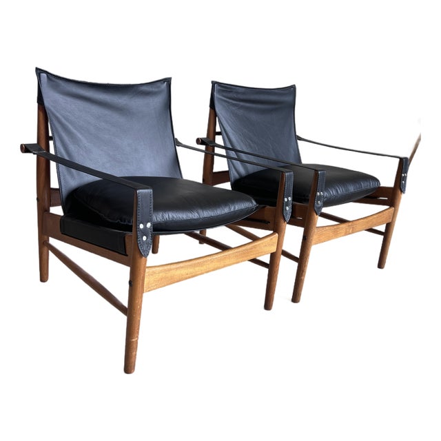 Swedish Teak and Leather Sling Lounge Chairs - A Pair For Sale
