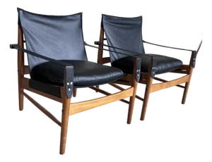Swedish Teak and Leather Sling Lounge Chairs - A Pair