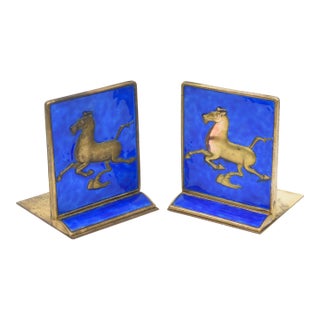 Vintage Enamel and Gold Plated Chinese Horse Bookends, 1950's For Sale