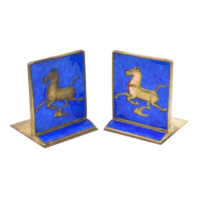 Vintage Enamel and Gold Plated Chinese Horse Bookends, 1950's For Sale