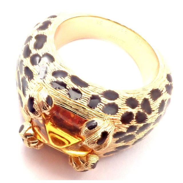 Christian Dior Leopard 18k Yellow Gold Citrine Enamel Ring Cert, size 5.75 For Sale - Image 9 of 9