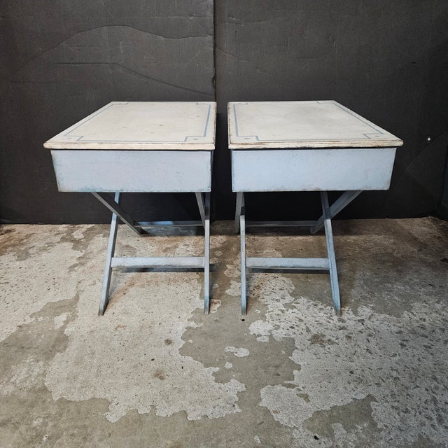 Wood Mid 20th Century Pair of Blue Painted Single Drawer X Frame Side Tables With Blue Accent Line on Top For Sale - Image 7 of 15