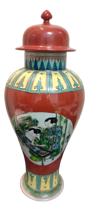 Chinese Ceramic Pot Qing Dynasty Kangxi Marked Red Ground Famille Verte Porcelain Ginger Jar Hand Painted Figures Story Pattern