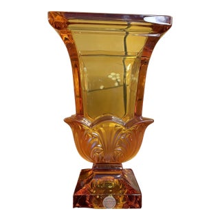 Mid 20th Century Josephinenhutte Acanthus Amber Crystal Vase, Orig Sticker For Sale