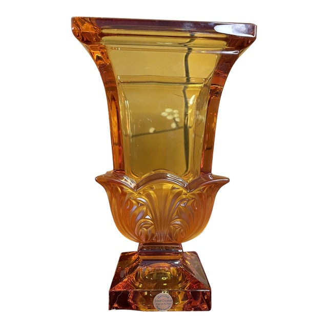 Mid 20th Century Josephinenhutte Acanthus Amber Crystal Vase, Orig Sticker For Sale