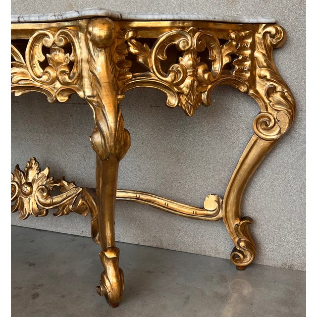 Greige Spanish 19th Baroque Carved & Gilted Walnut Ormolu and Marble Console Table For Sale - Image 8 of 13