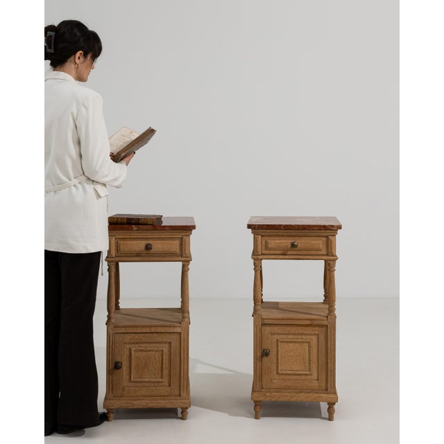 Tan Pair Of Oak Side Tables With Marble Tops For Sale - Image 8 of 9