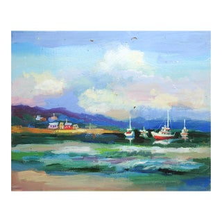 Mid 20th Century Fishing Harbor Painting For Sale