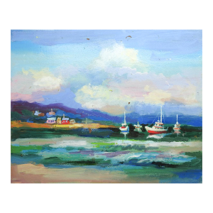 Mid 20th Century Fishing Harbor Painting