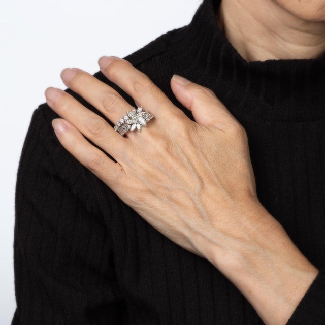 Mid 20th Century Mid Century 4ct Diamond Ring Sz 7 Marquise Cluster & Baguette Platinum Band For Sale - Image 5 of 6