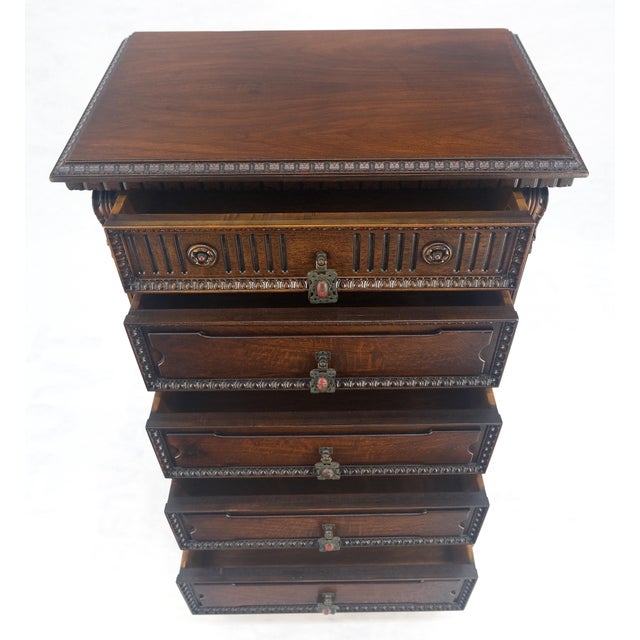 Fine Ornate Carved Oak 5 Drawers Bracket Feet Decorative Chest c1900s MINT For Sale - Image 17 of 18
