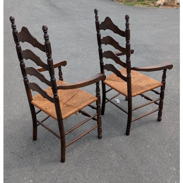 American Pair of 1960s American Colonial Revival Ladder-Back Armchairs For Sale - Image 3 of 9
