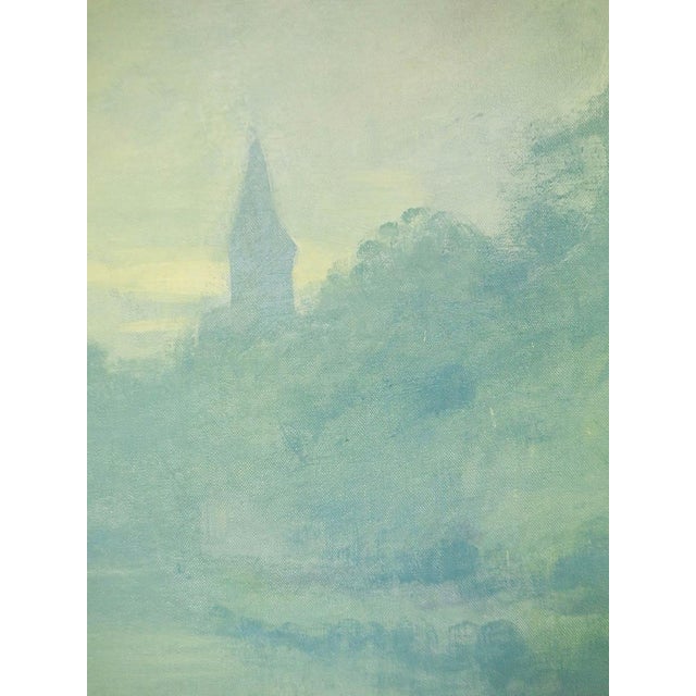 Oil on canvas representing a river lined with trees, a village in the background, all in the blue atmosphere of dawn....