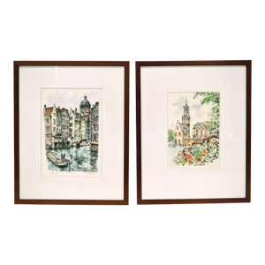 Vintage Impressionist Dutch Signed Lithograph Amsterdam Prints - A Pair, Framed