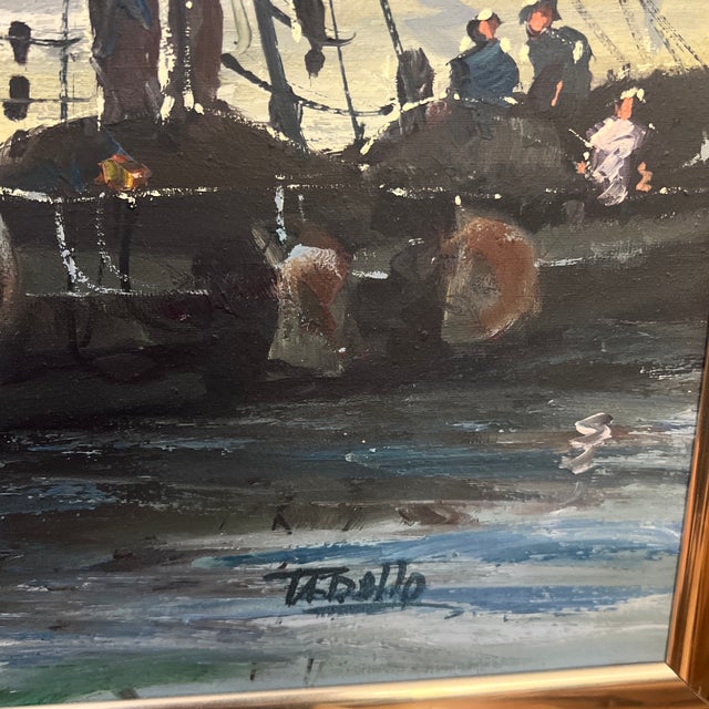 20th Century European School Oil on Canvas Boats in the Harbor Framed Signed For Sale - Image 9 of 12