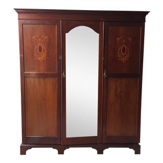 Antique Wooden Wardrobe With Beveled Mirror For Sale