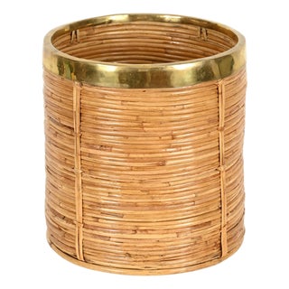 Italian Decorative Basket or Cachepot in Rattan and Brass, 1970s For Sale