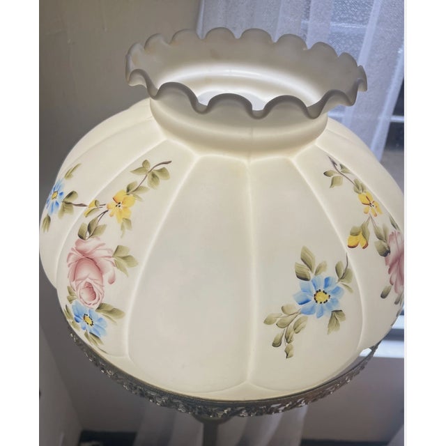 Vintage Mid Century Brass Floor Lamp Floral Hand Painted Shade For Sale - Image 10 of 11