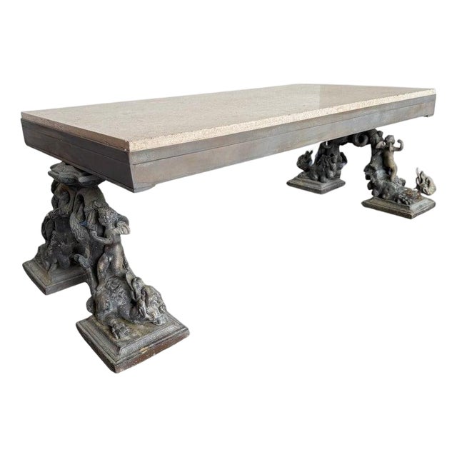 French Bronze Figural Coffee Table With Travertine Top For Sale