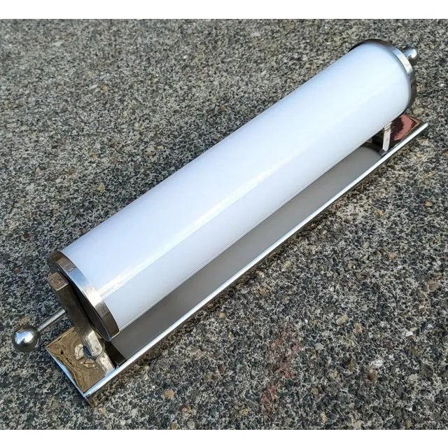 Pair Skyscraper Vintage Art Deco Wall Sconces in Nickel Brass & Milk Glass Tube Ship Light For Sale - Image 4 of 6