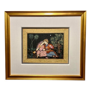 Original Vintage Rajasthani Miniature Painting of Love Scene on Silk, Framed For Sale