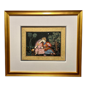 Original Vintage Rajasthani Miniature Painting of Love Scene on Silk, Framed