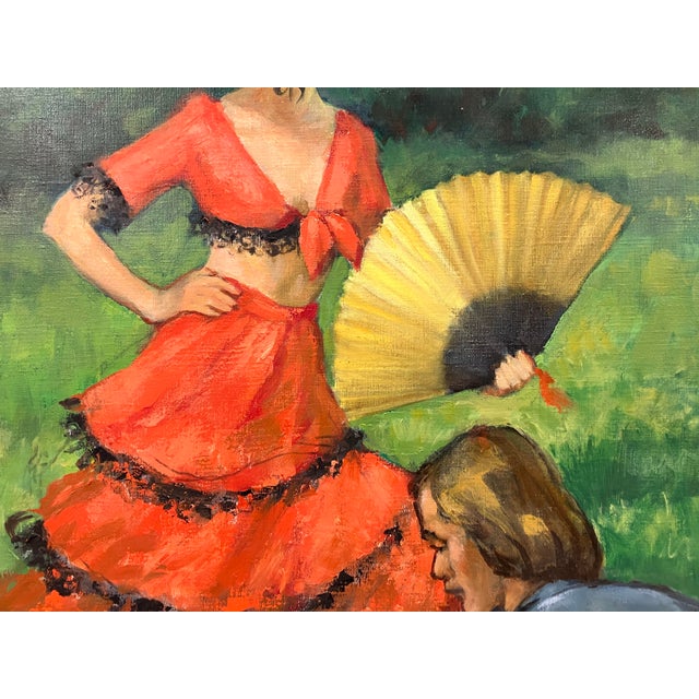 Art Deco 1970s “Flamenco Dancer” Original Oil Signed Mildred Jones For Sale - Image 3 of 5