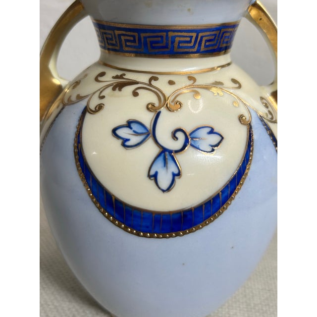 Baby Blue Antique Morimura Bros. Nippon Double-Handled Porcelain Vase - Hand-Painted Floral For Sale - Image 8 of 10