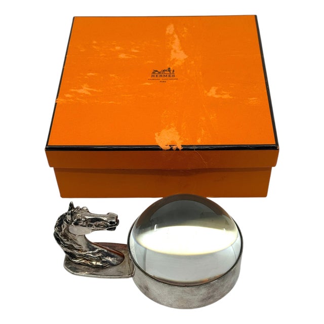 1960’s Hermes Paris Silver Plated Horse Equestrian Magnifying Paperweight W/Box For Sale