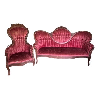 Mid 20th Century Victorian Style Parlor Set — Sofa & Gentleman's Chair | Carved Walnut Frames | Reupholstery Project For Sale