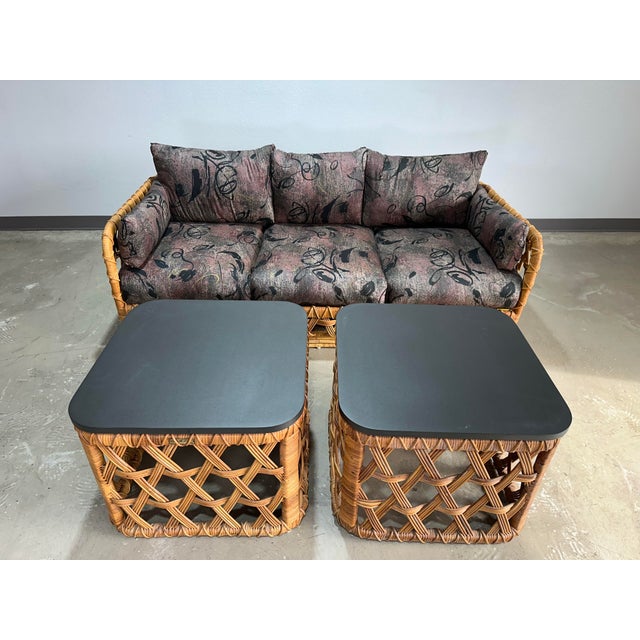1970s Danny Ho Fong for Tropi-Cal Basket Weave Rattan Side Table Pair For Sale In Tampa - Image 6 of 12