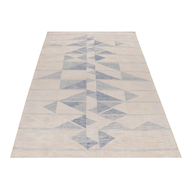 2010s 2010s Rug & Kilim’s Scandinavian-Style Rug With Ivory & Blue Geometric Patterns For Sale - Image 5 of 8