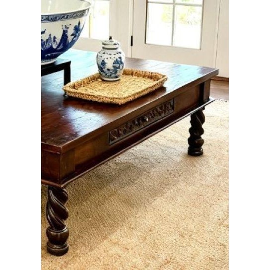 Early 21st Century Mediterranean Spanish Revival Solid Wood Barley Twist Coffee Table 58" For Sale - Image 5 of 17