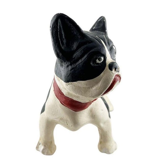 Early 20th Century Antique Hand-Painted Boston Terrier Ceramic Dog Statue With Red Collar For Sale - Image 5 of 9