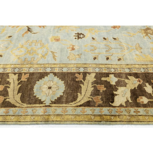 Modern Hand-Knotted Oushak Style Wool Area Rug in Soft Sky Blue and Ochre Gold For Sale - Image 4 of 12