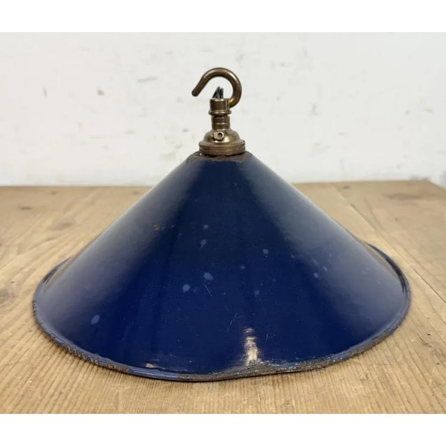British Industrial Dark Blue Enamel Factory Pendant Lamp, 1950s For Sale - Image 11 of 15