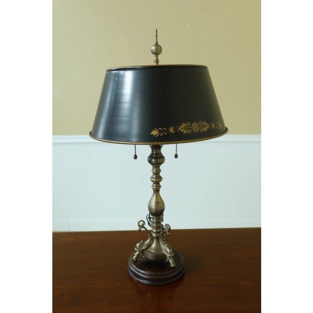1990s Brass Dolphin Design Table Lamp W/ Toleware Shade For Sale - Image 10 of 10