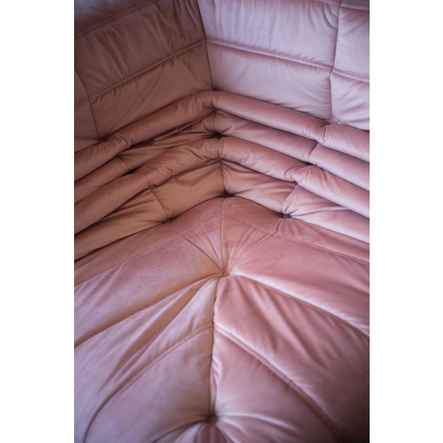 Pearl Pink Velvet Togo Corner Chair, 2- and 3-Seat Sofa by Michel Ducaroy for Ligne Roset, 1979, Set of 3 For Sale - Image 3 of 7