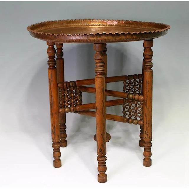 Moroccan Antique Moorish Ball & Stick Folding Round Mamluk Copper Tray or Drinks Side Table (Persian) For Sale - Image 3 of 11