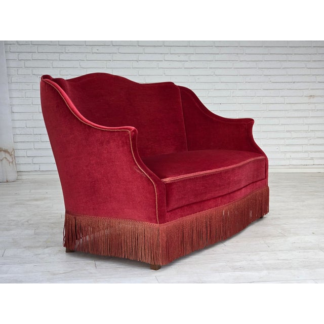 Mid-Century Modern Danish 2-Seater Sofa in Red Velour with Ash Legs, 1970s For Sale - Image 3 of 18