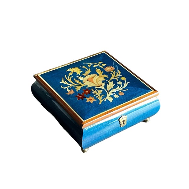 Wood 1970s Vintage Dark Blue Italian Wood Inlay Musical Box For Sale - Image 7 of 9