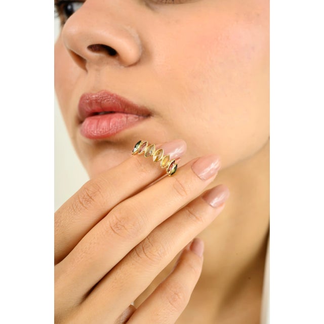 Multi Tourmaline Marquise Half Eternity Band in 18k Yellow Gold Size 5 For Sale In New York - Image 6 of 10
