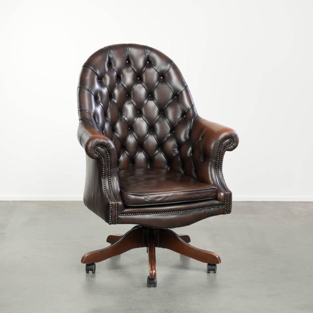 Chesterfield Desk Chair in Brown Cowhide Leather For Sale - Image 17 of 17
