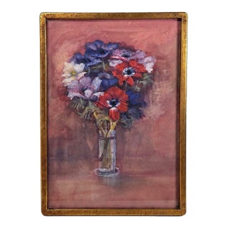 Vintage Floral Still Life Watercolor Painting For Sale